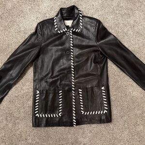 Chic Black Leather Jacket with‎ White Trim